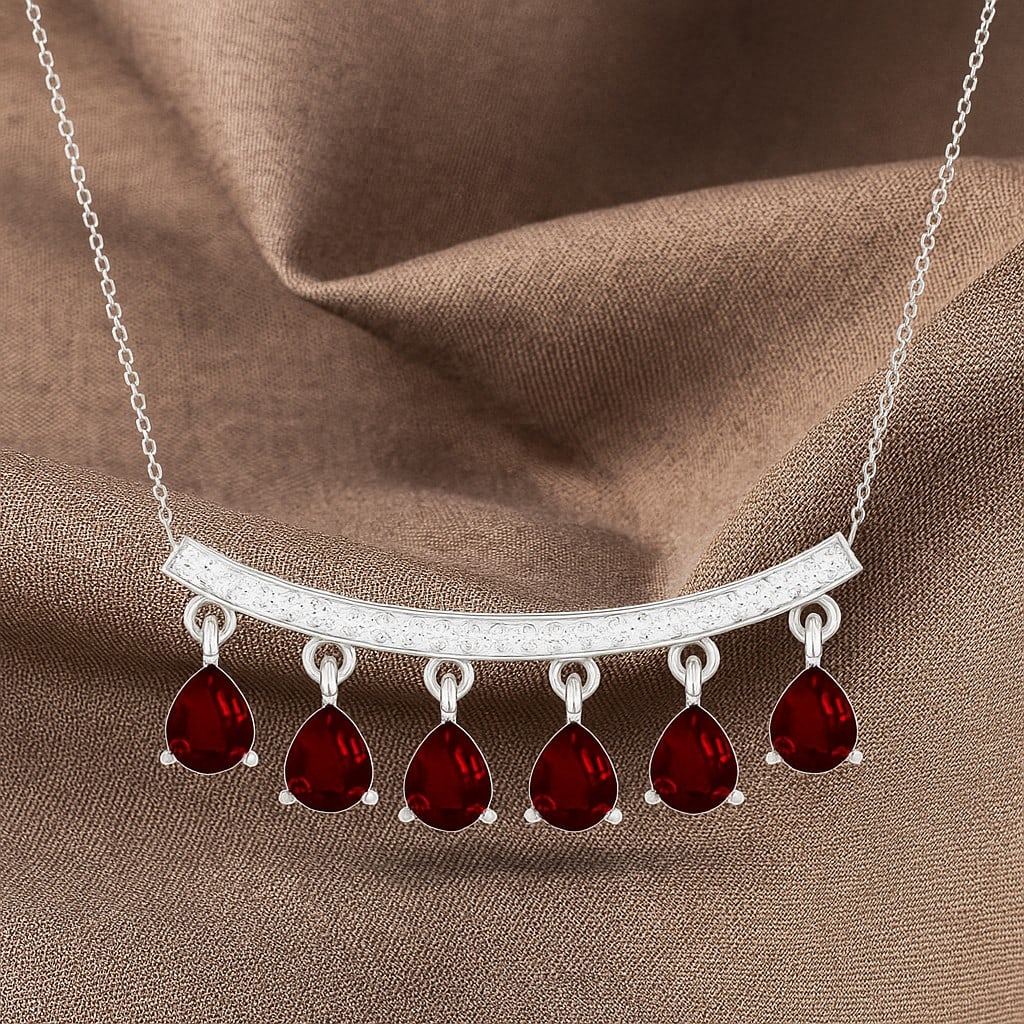Natural Ruby & Diamond 92.5 Sterling Silver Necklace: Natural Ruby & Diamond 92.5 Sterling Silver Necklace Gemstone Shape : Pear Gemstone Size : 5x4 MM Gemstone Quantity : 6 Pieces Diamond Type : Lab Grown Diamond Shape : Round Diamond Color :