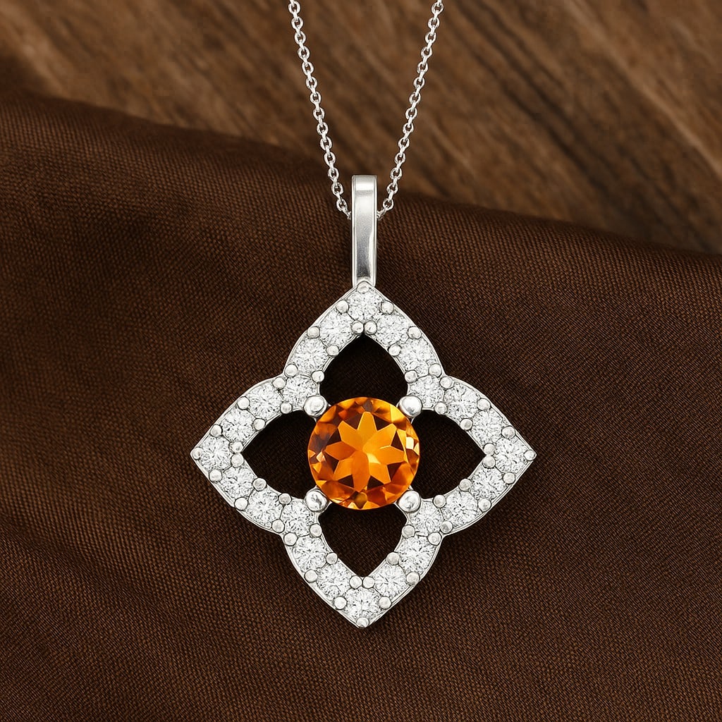 Natural Citrine & Diamond 92.5 Sterling Silver Pendant with Chain: Natural Citrine & Diamond 92.5 Sterling Silver Pendant with Chain Gemstone Shape : Round Gemstone Size : 3.3 MM Gemstone Quantity : 1 Piece Diamond Type : Lab Grown Diamond Shape : Round Diamon