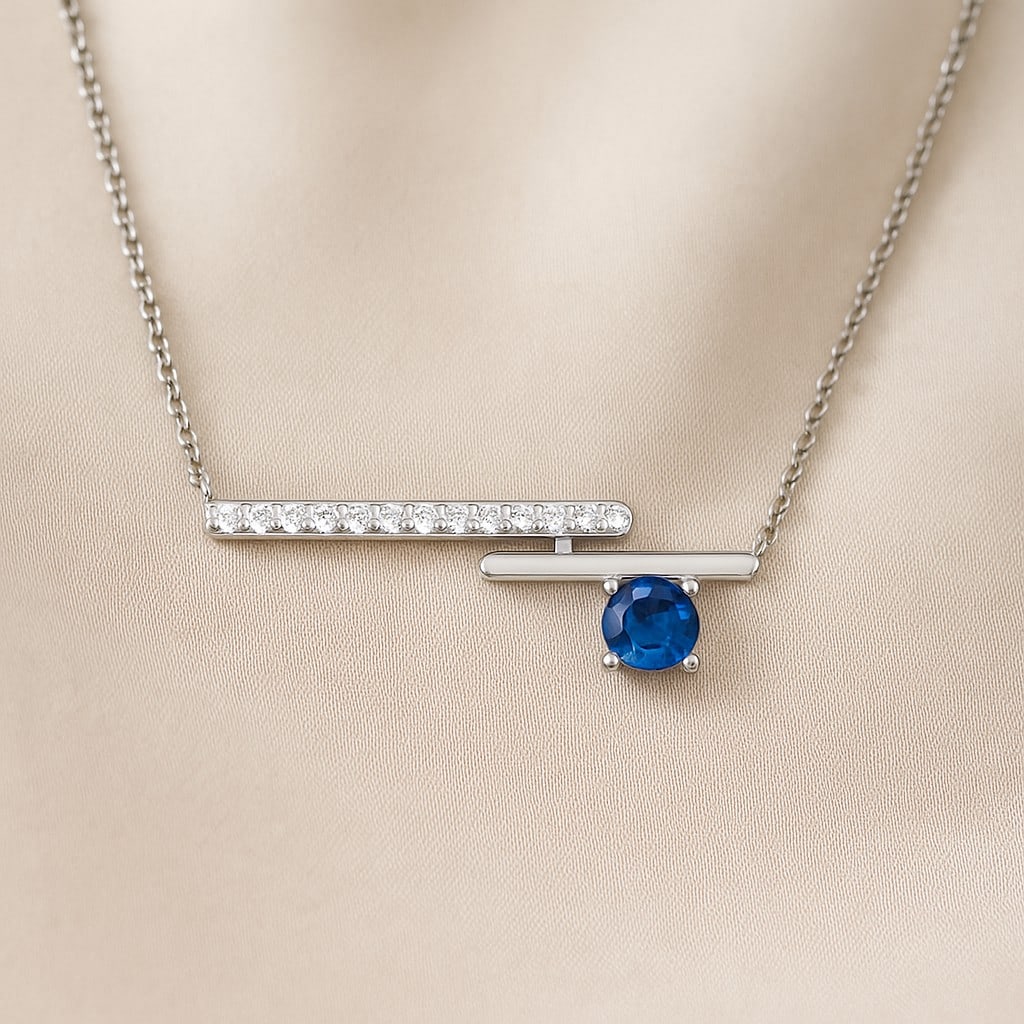 Natural Blue Sapphire & Diamond 92.5 Sterling Silver Necklace: Natural Blue Sapphire & Diamond 92.5 Sterling Silver Necklace Gemstone Shape : Round Gemstone Size : 3.5 MM Gemstone Quantity : 1 Piece Diamond Type : Lab Grown Diamond Shape : Round Diamond Co