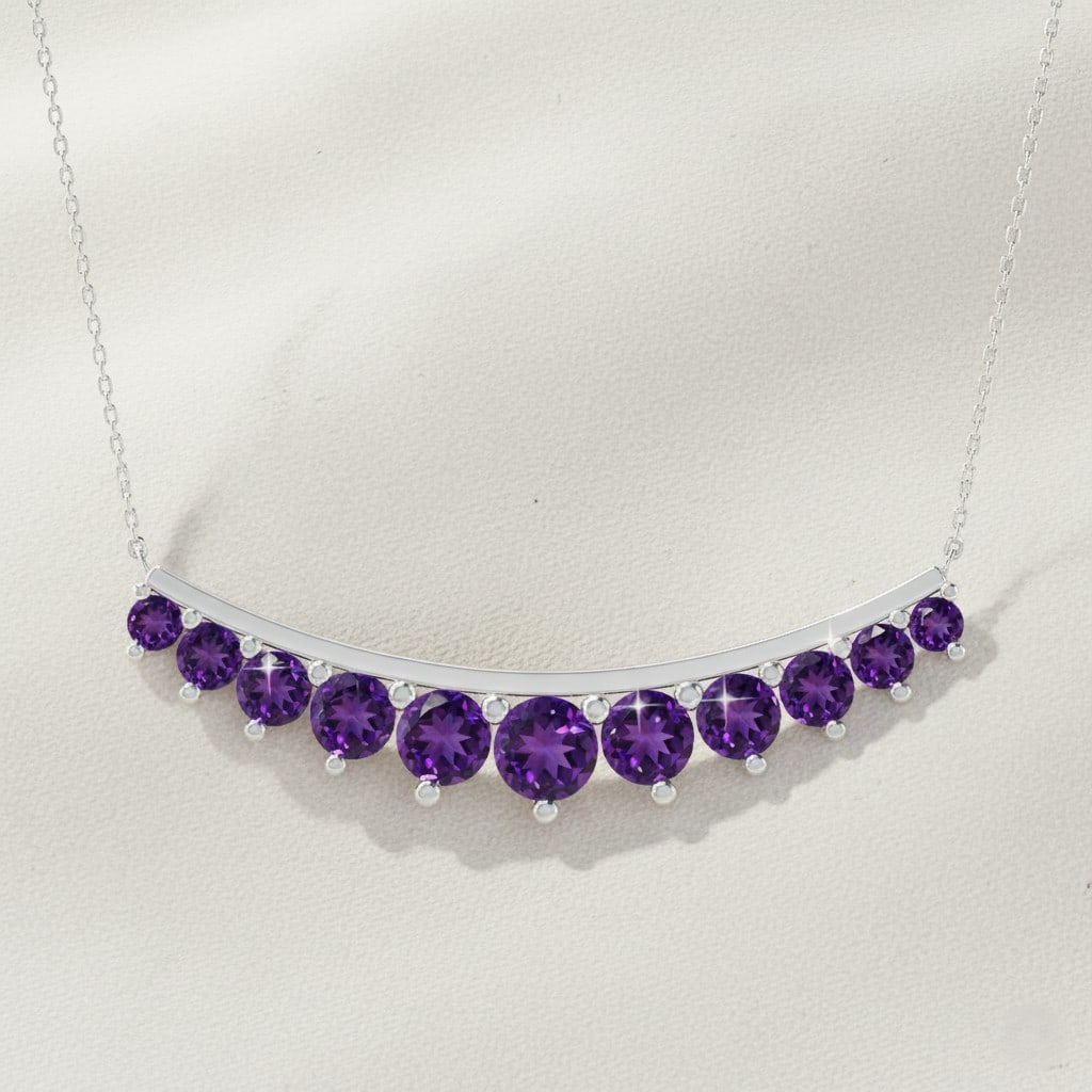 Natural Amethyst Gemstone 92.5 Sterling Silver Necklace: Natural Amethyst Gemstone 92.5 Sterling Silver Necklace Gemstone Shape : Round Gemstone Size : 2.2 - 4.2 MM Gemstone Quantity : 11 Pieces Metal : Silver Metal Purity : 92.5 Sterling Silver Pend