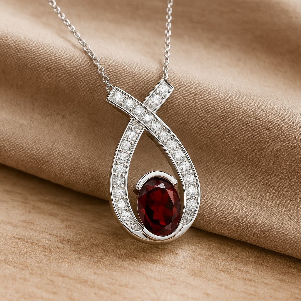 Natural Garnet & Diamond 92.5 Sterling Silver Pendant with Chain: Natural Garnet & Diamond 92.5 Sterling Silver Pendant with Chain Gemstone Shape : Oval Gemstone Size : 7x5 MM Gemstone Quantity : 1 Piece Diamond Type : Lab Grown Diamond Shape : Round Diamond