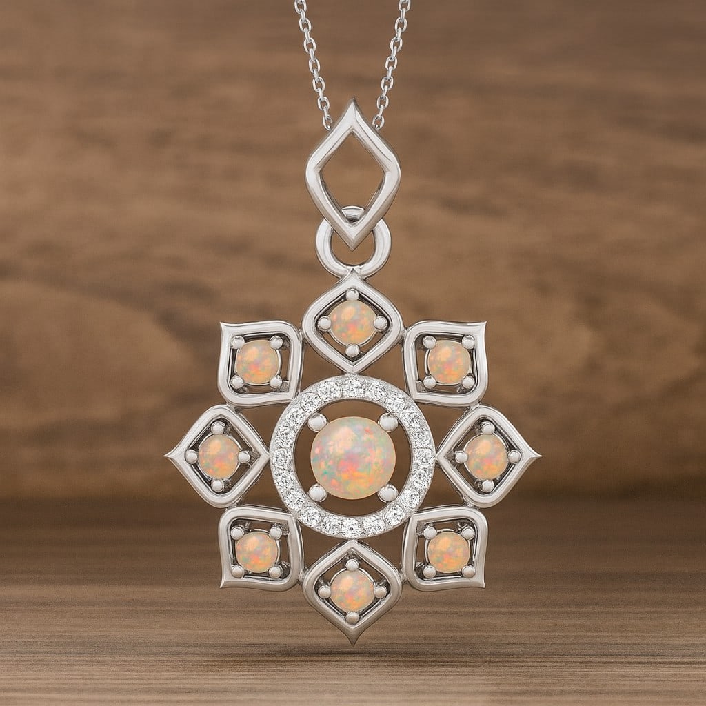 Natural Opal & Diamond 92.5 Sterling Silver Pendant with Chain: Natural Opal & Diamond 92.5 Sterling Silver Pendant with Chain Gemstone Shape : Round Gemstone Size : 4 MM, 2 MM Gemstone Quantity : 9 Pieces Diamond Type : Lab Grown Diamond Shape : Round Diam