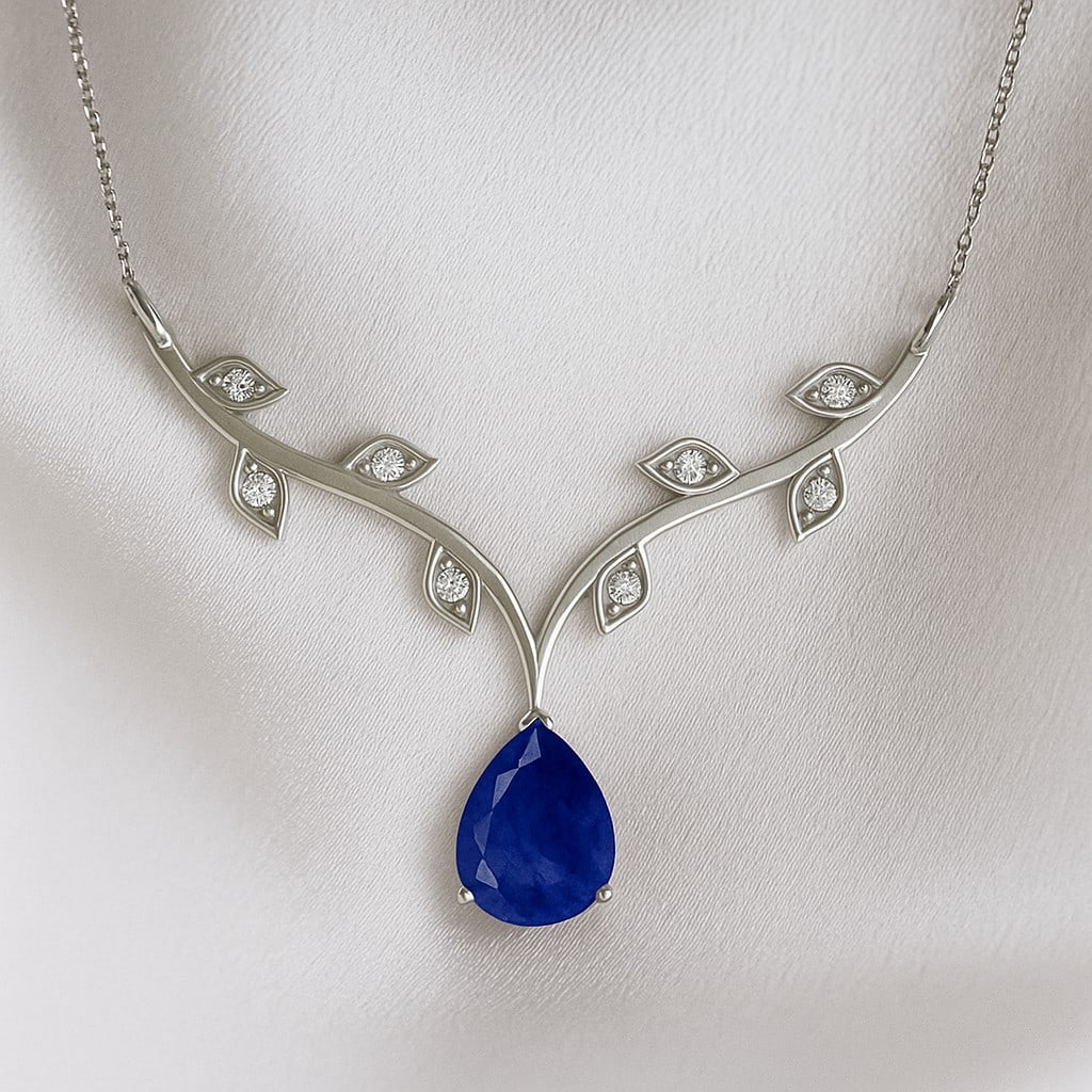 Natural Tanzanite & Diamond 92.5 Sterling Silver Necklace: Natural Tanzanite & Diamond 92.5 Sterling Silver Necklace Gemstone Shape : Pear Gemstone Size : 8x6 MM Gemstone Quantity : 1 Piece Diamond Type : Lab Grown Diamond Shape : Round Diamond Color :