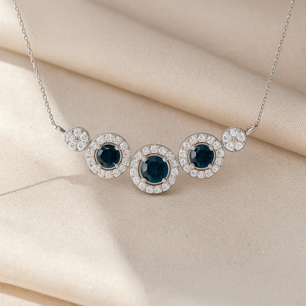 Natural London Blue Topaz & Diamond 92.5 Sterling Silver Necklace: Natural London Blue Topaz & Diamond 92.5 Sterling Silver Necklace Gemstone Shape : Round Gemstone Size : 3.5 MM, 2.8 MM Gemstone Quantity : 3 Pieces Diamond Type : Lab Grown Diamond Shape : Round<
