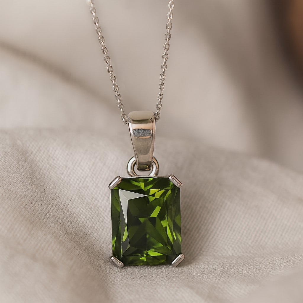 Natural Peridot Gemstone 92.5 Sterling Silver Pendant with Chain: Natural Peridot Gemstone 92.5 Sterling Silver Pendant with Chain Gemstone Shape : Emerald Gemstone Size : 9x7 MM Gemstone Quantity : 1 Piece Metal : Silver Metal Purity : 92.5 Sterling Silver P