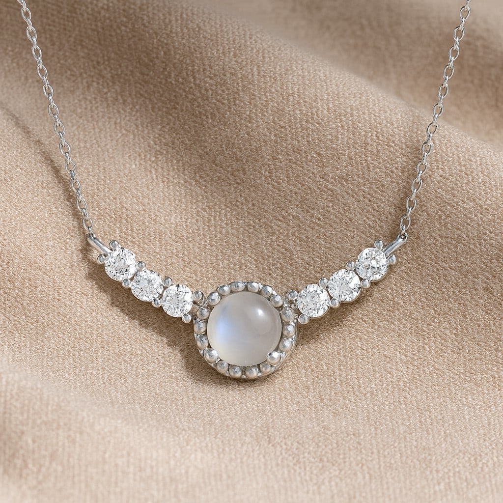 Natural Moonstone & Diamond 92.5 Sterling Silver Necklace: Natural Moonstone & Diamond 92.5 Sterling Silver Necklace Gemstone Shape : Round Gemstone Size : 3.5 MM Gemstone Quantity : 1 Piece Diamond Type : Lab Grown Diamond Shape : Round Diamond Color