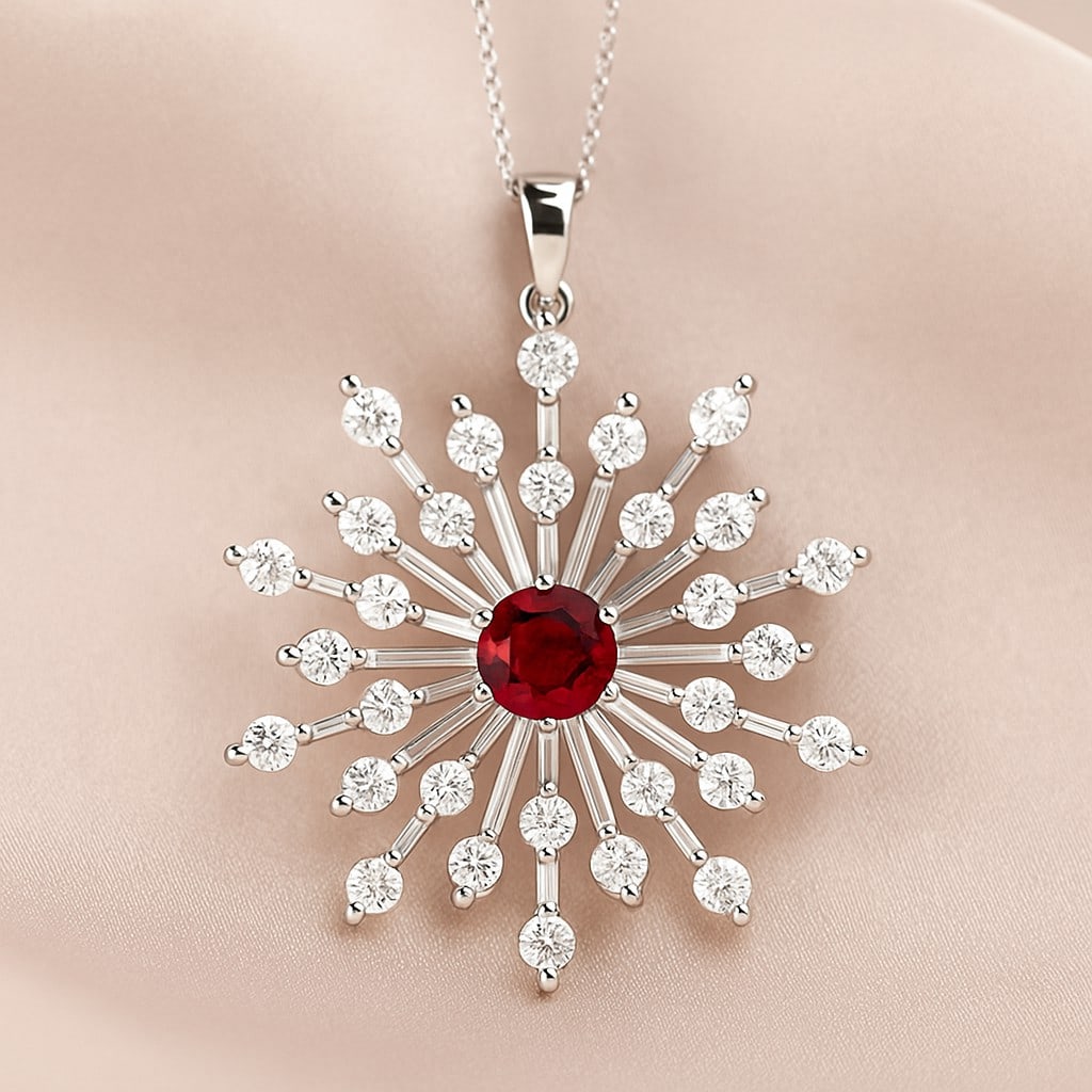 Natural Ruby & Diamond 92.5 Sterling Silver Pendant with Chain: Natural Ruby & Diamond 92.5 Sterling Silver Pendant with Chain Gemstone Shape : Round Gemstone Size : 4.5 MM Gemstone Quantity : 1 Piece Diamond Type : Lab Grown Diamond Shape : Round Diamond C