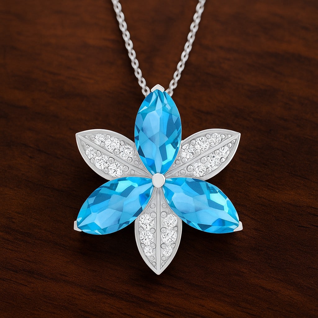 Natural Swiss Blue Topaz & Diamond 92.5 Sterling Silver Pendant with Chain: Natural Swiss Blue Topaz & Diamond 92.5 Sterling Silver Pendant with Chain Gemstone Shape : Marquise Gemstone Size : 12x6 MM Gemstone Quantity : 3 Pieces Diamond Type : Lab Grown Diamond Shape : Round