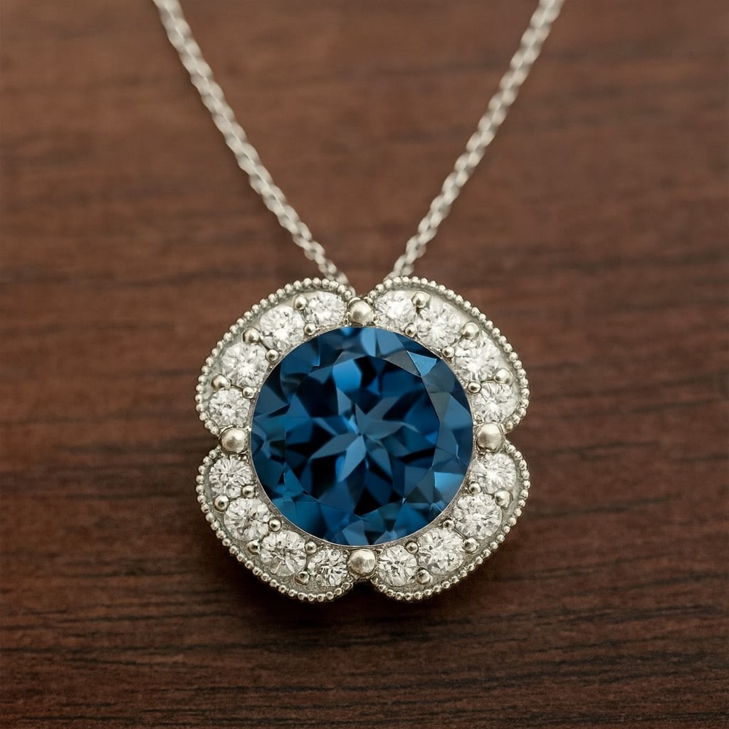 Natural London Blue Topaz & Diamond 92.5 Sterling Silver Necklace: Natural London Blue Topaz & Diamond 92.5 Sterling Silver Necklace Gemstone Shape : Round Gemstone Size : 8 MM Gemstone Quantity : 1 Piece Diamond Type : Lab Grown Diamond Shape : Round Diamond