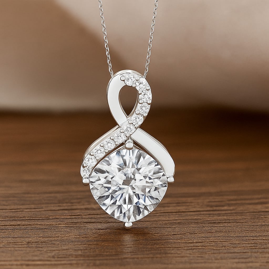 Lab Grown Diamond 92.5 Sterling Silver Pendant with Chain: Lab Grown Diamond 92.5 Sterling Silver Pendant with Chain Gemstone Shape : Cushion Square Gemstone Size : 8 MM Gemstone Quantity : 1 Piece Diamond Type : Lab Grown Diamond Shape : Round Diamond