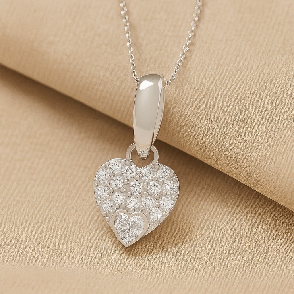 Lab Grown Diamond 92.5 Sterling Silver Pendant with Chain: Lab Grown Diamond 92.5 Sterling Silver Pendant with Chain Gemstone Shape : Heart Gemstone Size : 3 MM Gemstone Quantity : 1 Piece Diamond Type : Lab Grown Diamond Shape : Round Diamond Color :