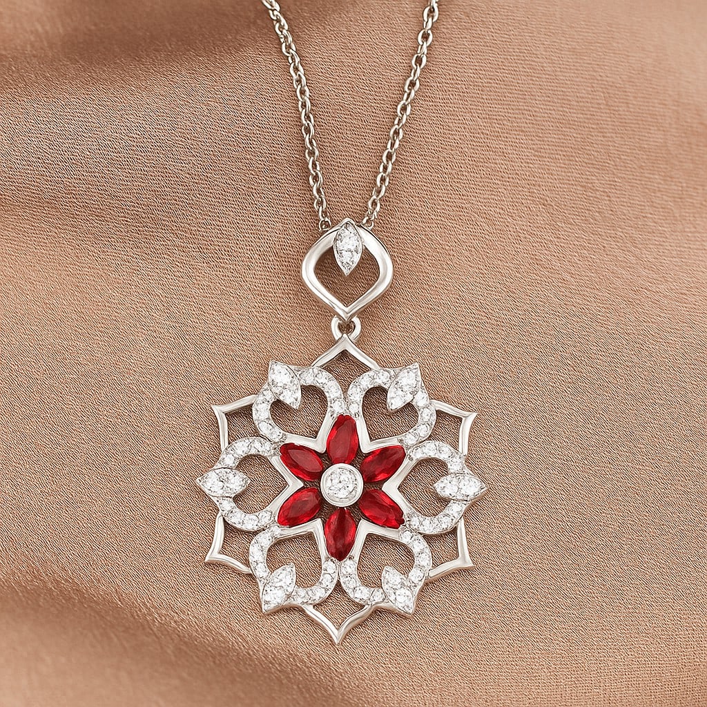 Natural Ruby & Diamond 92.5 Sterling Silver Pendant with Chain: Natural Ruby & Diamond 92.5 Sterling Silver Pendant with Chain Gemstone Shape : Marquise Gemstone Size : 6 MM Gemstone Quantity : 6 Pieces Diamond Type : Lab Grown Diamond Shape : Round Diamond