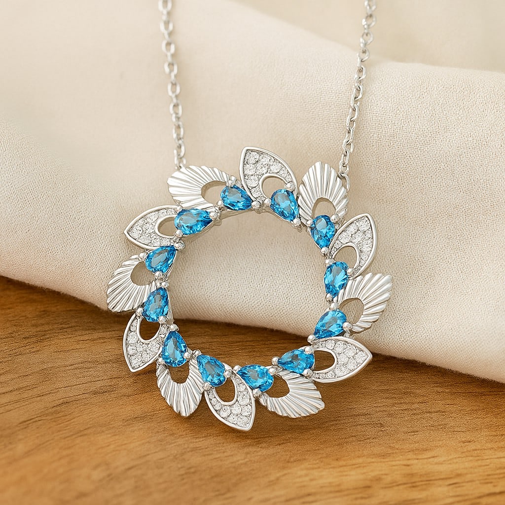 Natural Swiss Blue Topaz & Diamond 92.5 Sterling Silver Pendant with Chain: Natural Swiss Blue Topaz & Diamond 92.5 Sterling Silver Pendant with Chain Gemstone Shape : Pear Gemstone Size : 3x2 MM Gemstone Quantity : 12 Pieces Diamond Type : Lab Grown Diamond Shape : Round