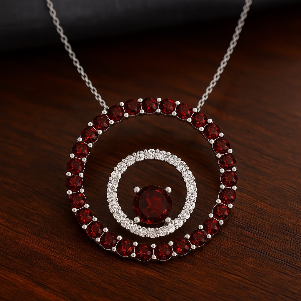 Natural Garnet & Diamond 92.5 Sterling Silver Necklace: Natural Garnet & Diamond 92.5 Sterling Silver Necklace Gemstone Shape : Round Gemstone Size : 5 MM, 2 MM Gemstone Quantity : 1 Piece, 28 Pieces Diamond Type : Lab Grown Diamond Shape : Round Di