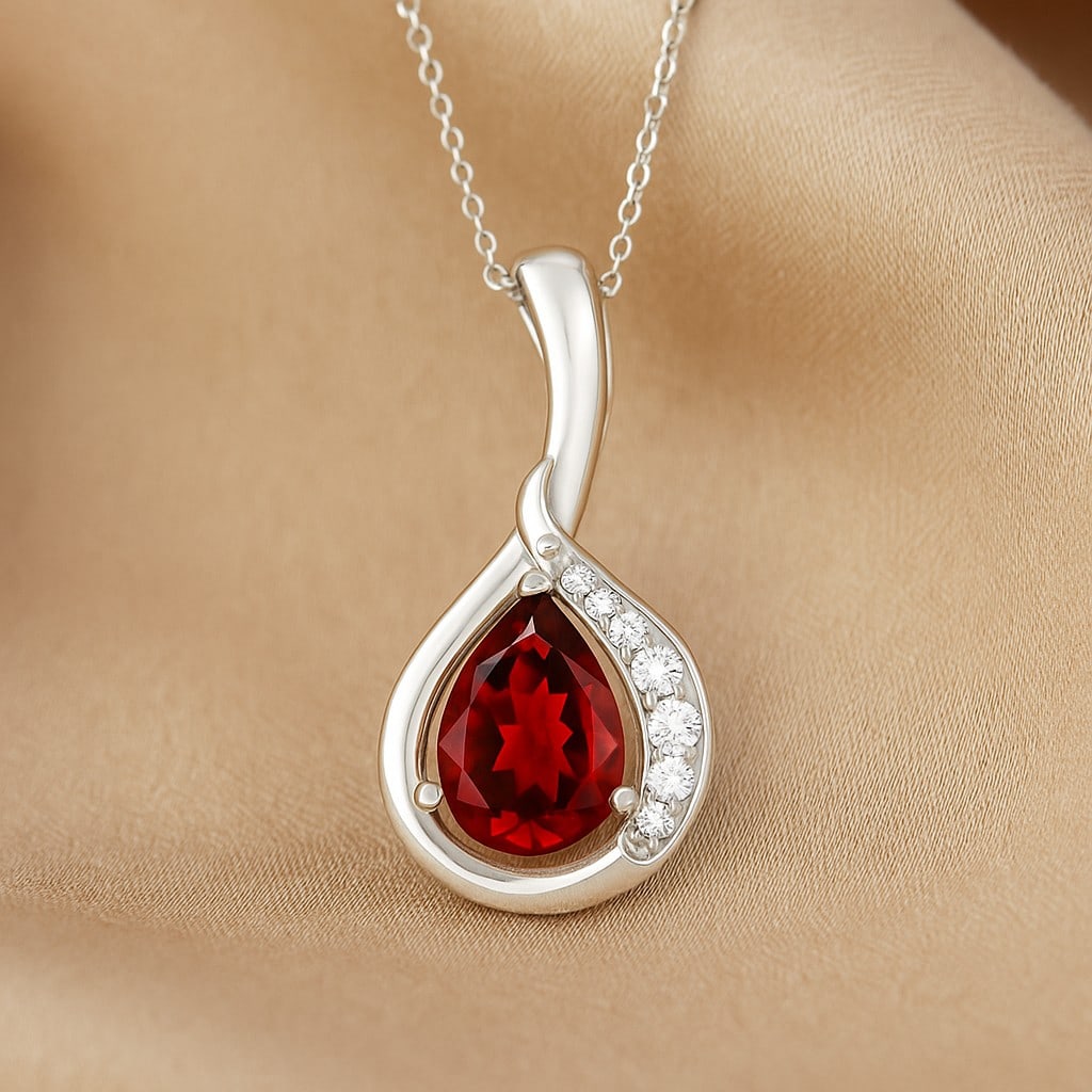 Natural Ruby & Diamond 92.5 Sterling Silver Pendant with Chain: Natural Ruby & Diamond 92.5 Sterling Silver Pendant with Chain Gemstone Shape : Pear Gemstone Size : 7x5 MM Gemstone Quantity : 1 Piece Diamond Type : Lab Grown Diamond Shape : Round Diamond Co