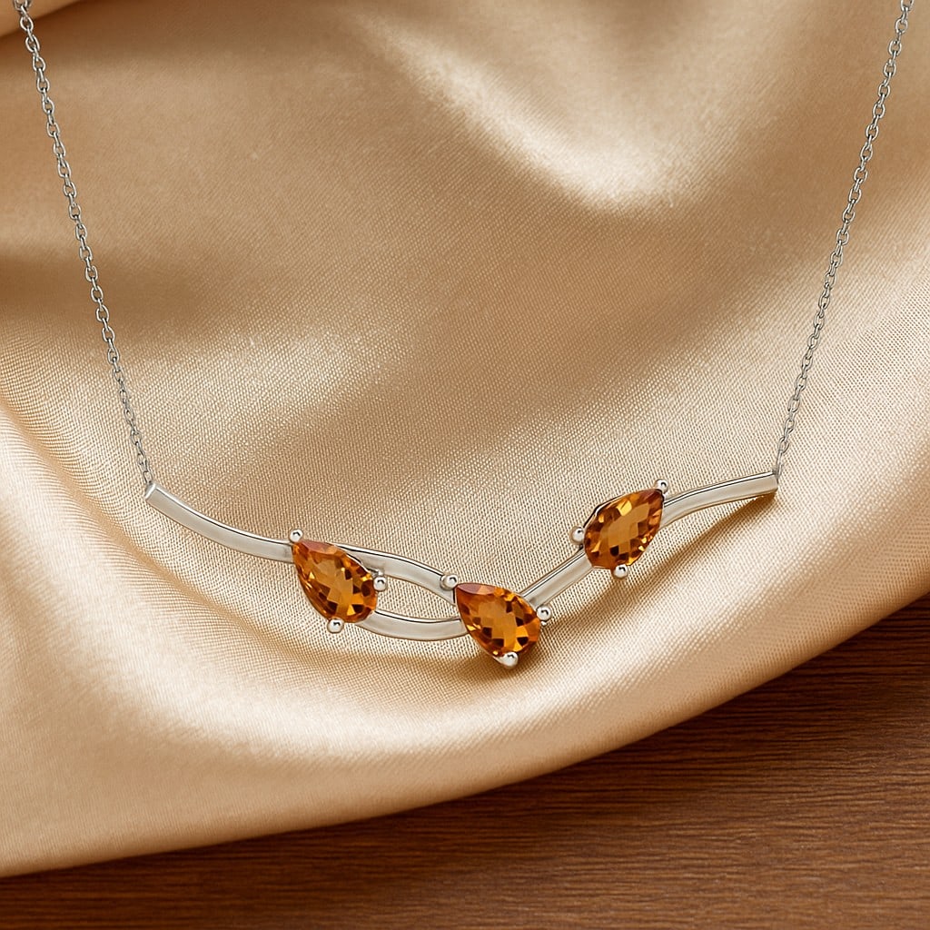 Natural Citrine Gemstone 92.5 Sterling Silver Necklace: Natural Citrine Gemstone 92.5 Sterling Silver Necklace Gemstone Shape : Pear Gemstone Size : 3 MM Gemstone Quantity : 3 Pieces Metal : Silver Metal Purity : 92.5 Sterling Silver Pendant Length