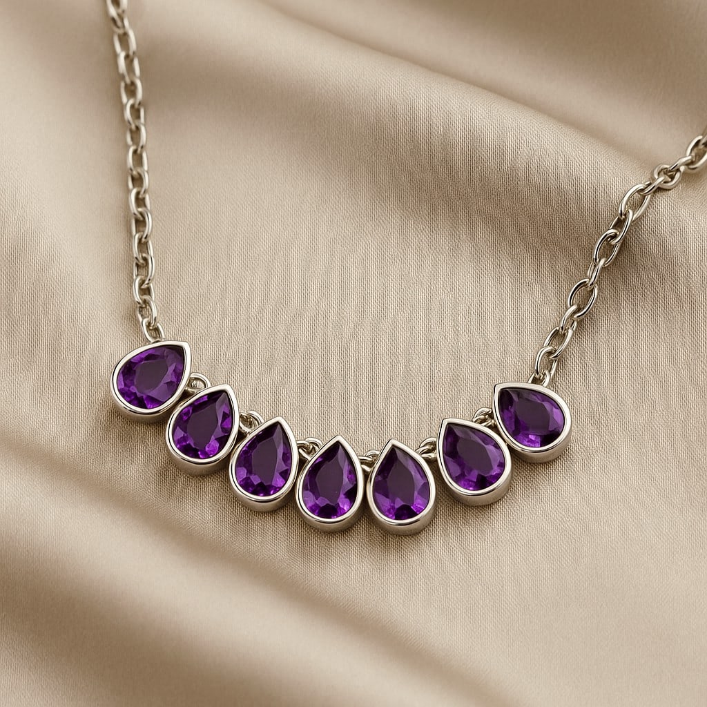 Natural Amethyst Gemstone 92.5 Sterling Silver Necklace: Natural Amethyst Gemstone 92.5 Sterling Silver Necklace Gemstone Shape : Pear Gemstone Size : 7x5 MM Gemstone Quantity : 1 Piece Metal : Silver Metal Purity : 92.5 Sterling Silver Pendant Lengt