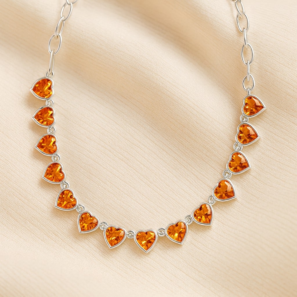 Natural Citrine Gemstone 92.5 Sterling Silver Necklace: Natural Citrine Gemstone 92.5 Sterling Silver Necklace Gemstone Shape : Heart Gemstone Size : 5 MM Gemstone Quantity : 15 Pieces Metal : Silver Metal Purity : 92.5 Sterling Silver Pendant Lengt