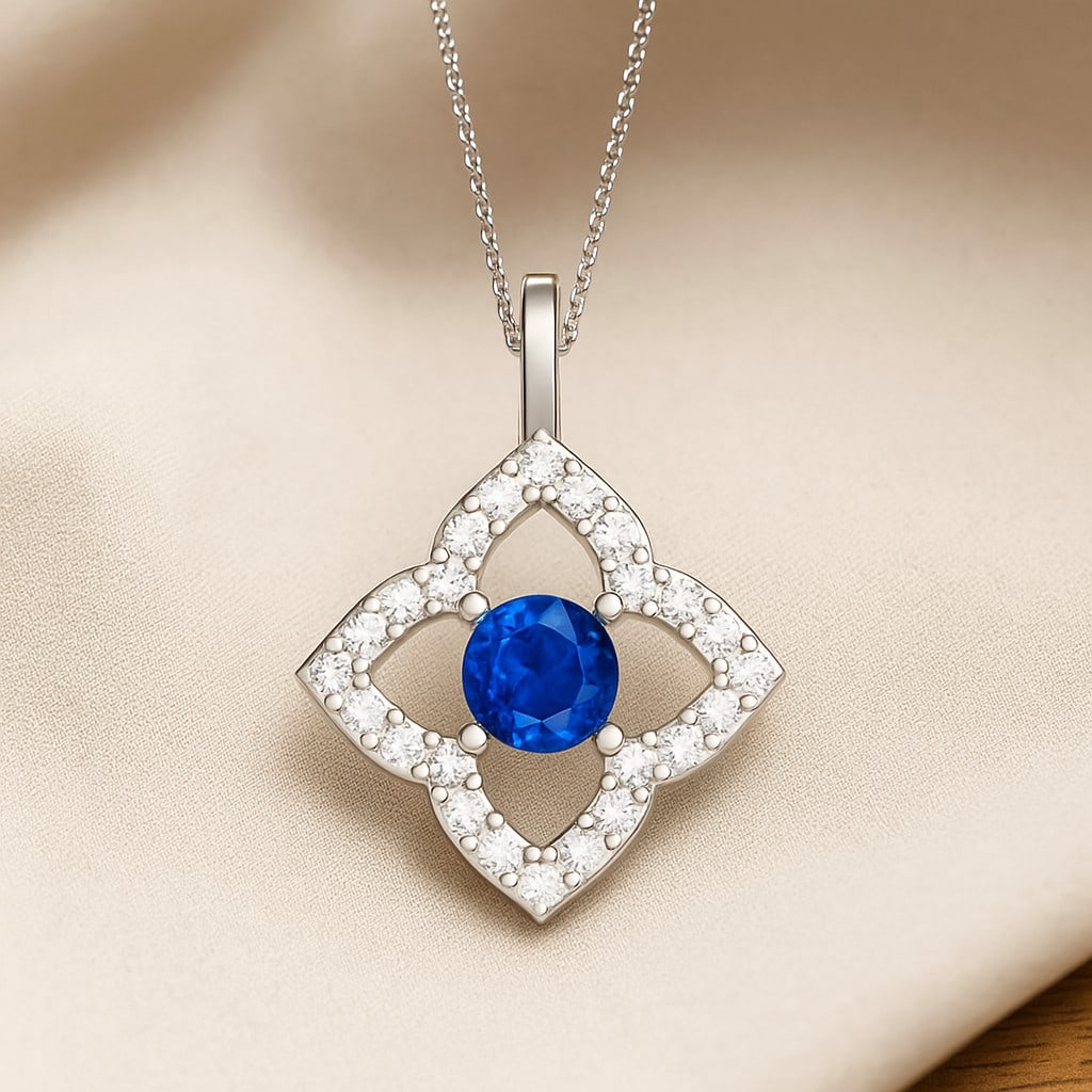 Natural Blue Sapphire & Diamond 92.5 Sterling Silver Pendant with Chain: Natural Blue Sapphire & Diamond 92.5 Sterling Silver Pendant with Chain Gemstone Shape : Round Gemstone Size : 3.3 MM Gemstone Quantity : 1 Piece Diamond Type : Lab Grown Diamond Shape : Round