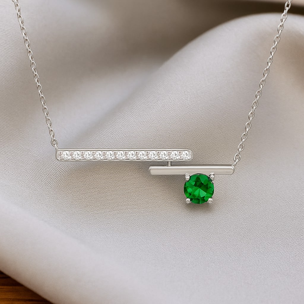 Lab Grown Emerald & Diamond 92.5 Sterling Silver Necklace: Lab Grown Emerald & Diamond 92.5 Sterling Silver Necklace Gemstone Shape : Round Gemstone Size : 3.5 MM Gemstone Quantity : 1 Piece Diamond Type : Lab Grown Diamond Shape : Round Diamond Color