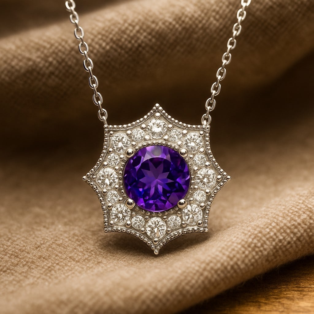 Natural Amethyst & Diamond 92.5 Sterling Silver Pendant with Chain: Natural Amethyst & Diamond 92.5 Sterling Silver Pendant with Chain Gemstone Shape : Round Gemstone Size : 5 MM Gemstone Quantity : 1 Piece Diamond Type : Lab Grown Diamond Shape : Round Diamond
