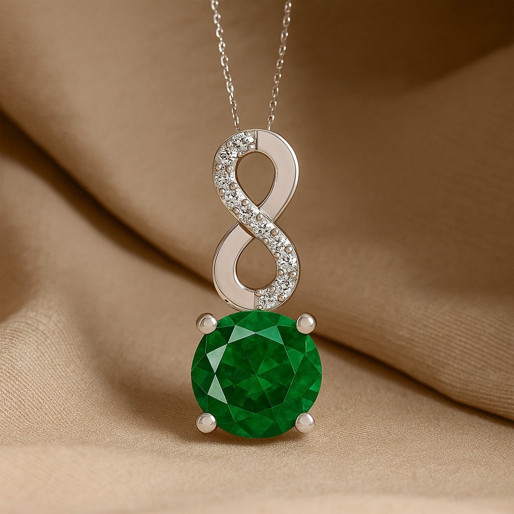 Lab Grown Emerald & Diamond 92.5 Sterling Silver Pendant with Chain: Lab Grown Emerald & Diamond 92.5 Sterling Silver Pendant with Chain Gemstone Shape : Round Gemstone Size : 7 MM Gemstone Quantity : 1 Piece Diamond Type : Lab Grown Diamond Shape : Round Diamon