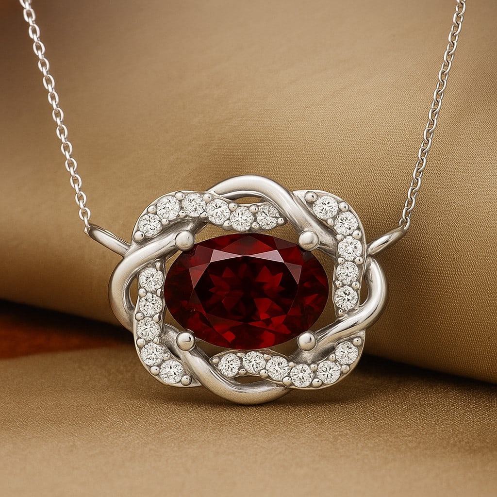 Natural Garnet & Diamond 92.5 Sterling Silver Necklace: Natural Garnet & Diamond 92.5 Sterling Silver Necklace Gemstone Shape : Oval Gemstone Size : 7x5 MM Gemstone Quantity : 1 Piece Diamond Type : Lab Grown Diamond Shape : Round Diamond Color :