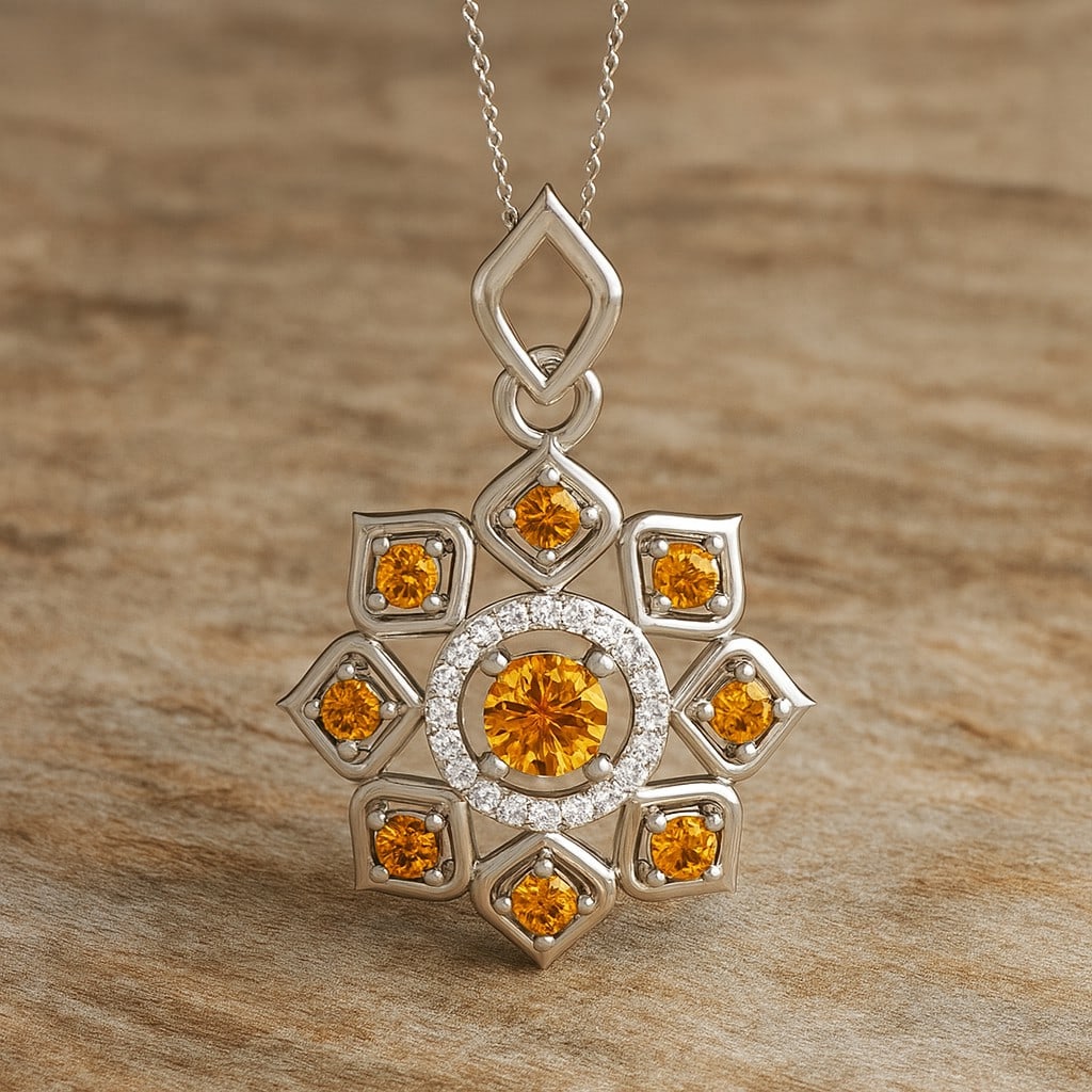 Natural Citrine & Diamond 92.5 Sterling Silver Pendant with Chain: Natural Citrine & Diamond 92.5 Sterling Silver Pendant with Chain Gemstone Shape : Round Gemstone Size : 4 MM, 2 MM Gemstone Quantity : 9 Pieces Diamond Type : Lab Grown Diamond Shape : Round D