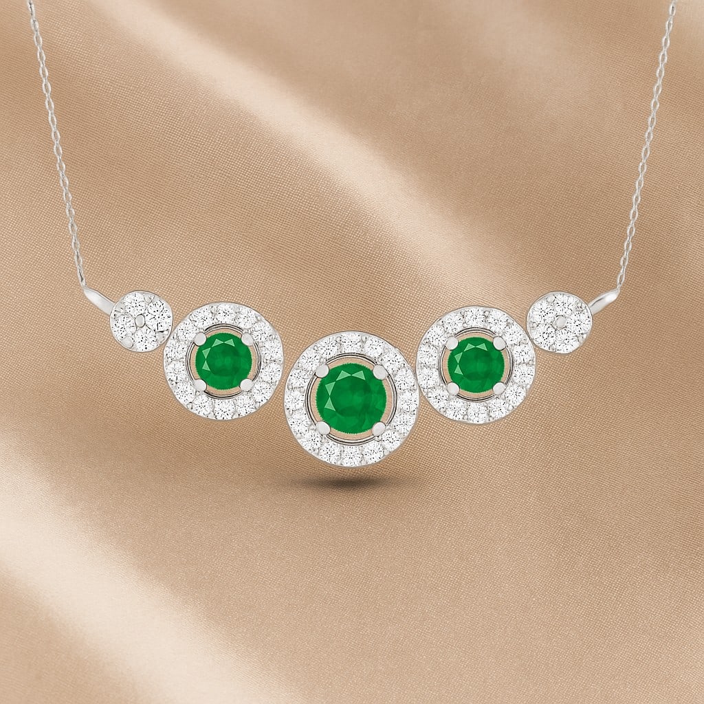 Lab Grown Emerald & Diamond 92.5 Sterling Silver Necklace: Lab Grown Emerald & Diamond 92.5 Sterling Silver Necklace Gemstone Shape : Round Gemstone Size : 3.5 MM, 2.8 MM Gemstone Quantity : 3 Pieces Diamond Type : Lab Grown Diamond Shape : Round Diamo