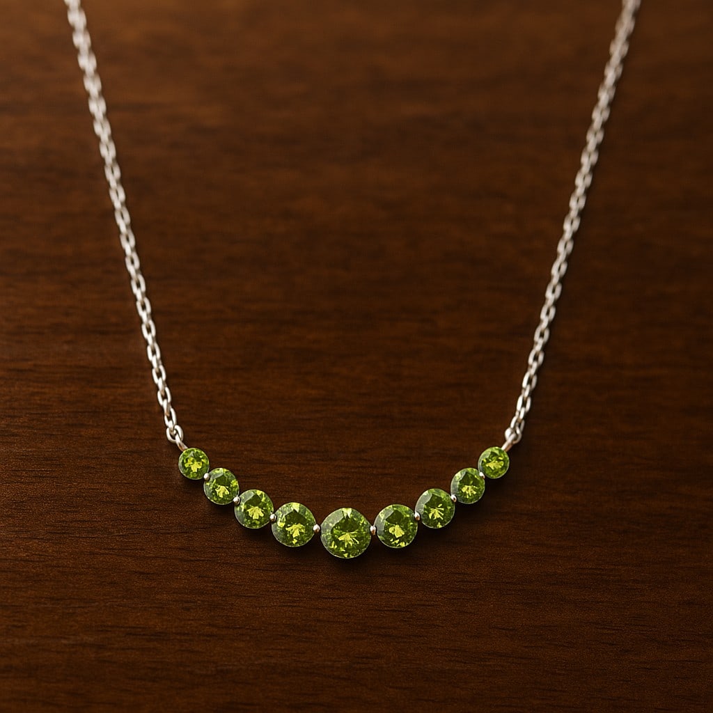 Natural Peridot Gemstone 92.5 Sterling Silver Necklace: Natural Peridot Gemstone 92.5 Sterling Silver Necklace Gemstone Shape : Round Gemstone Size : 3.5 - 6 MM Gemstone Quantity : 11 Pieces Metal : Silver Metal Purity : 92.5 Sterling Silver Pendant
