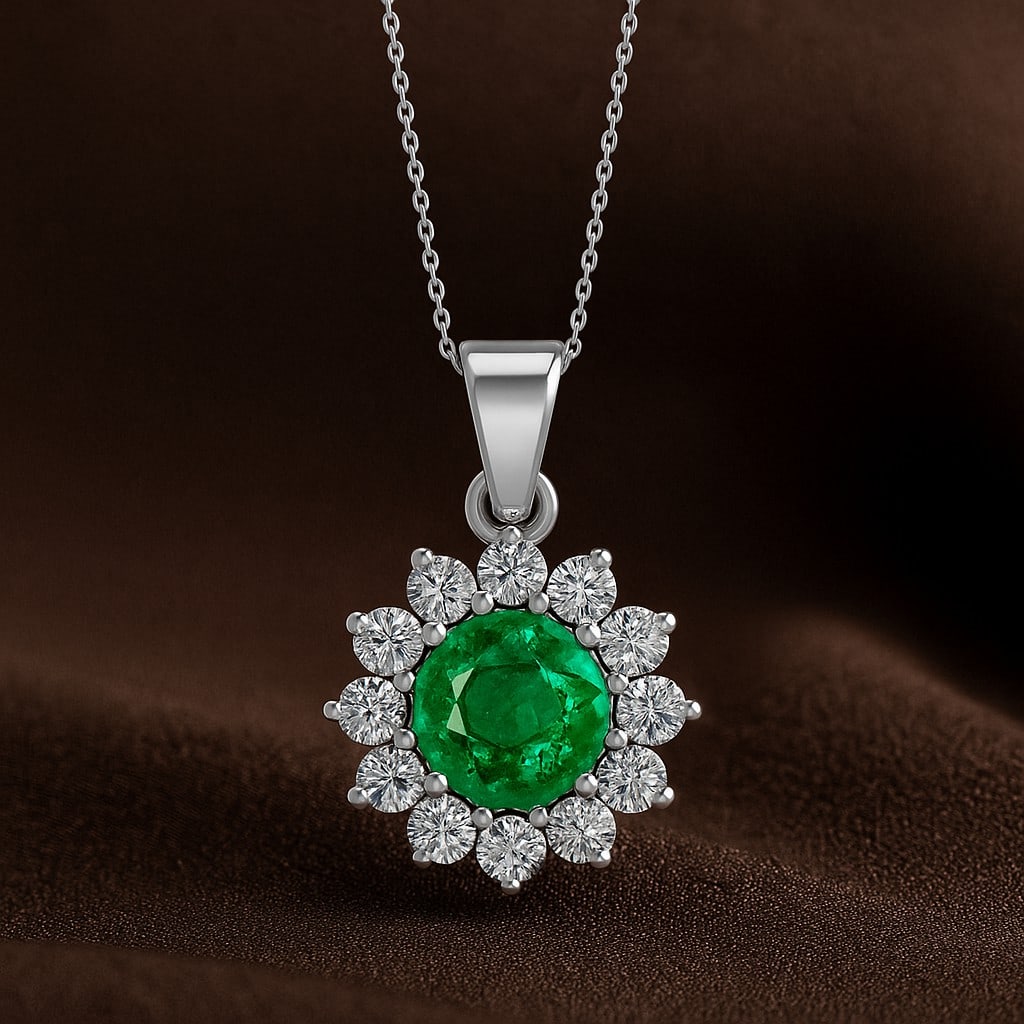 Lab Grown Emerald & Diamond 92.5 Sterling Silver Pendant with Chain: Lab Grown Emerald & Diamond 92.5 Sterling Silver Pendant with Chain Gemstone Shape : Round Gemstone Size : 7 MM Gemstone Quantity : 1 Piece Diamond Type : Lab Grown Diamond Shape : Round Diamon
