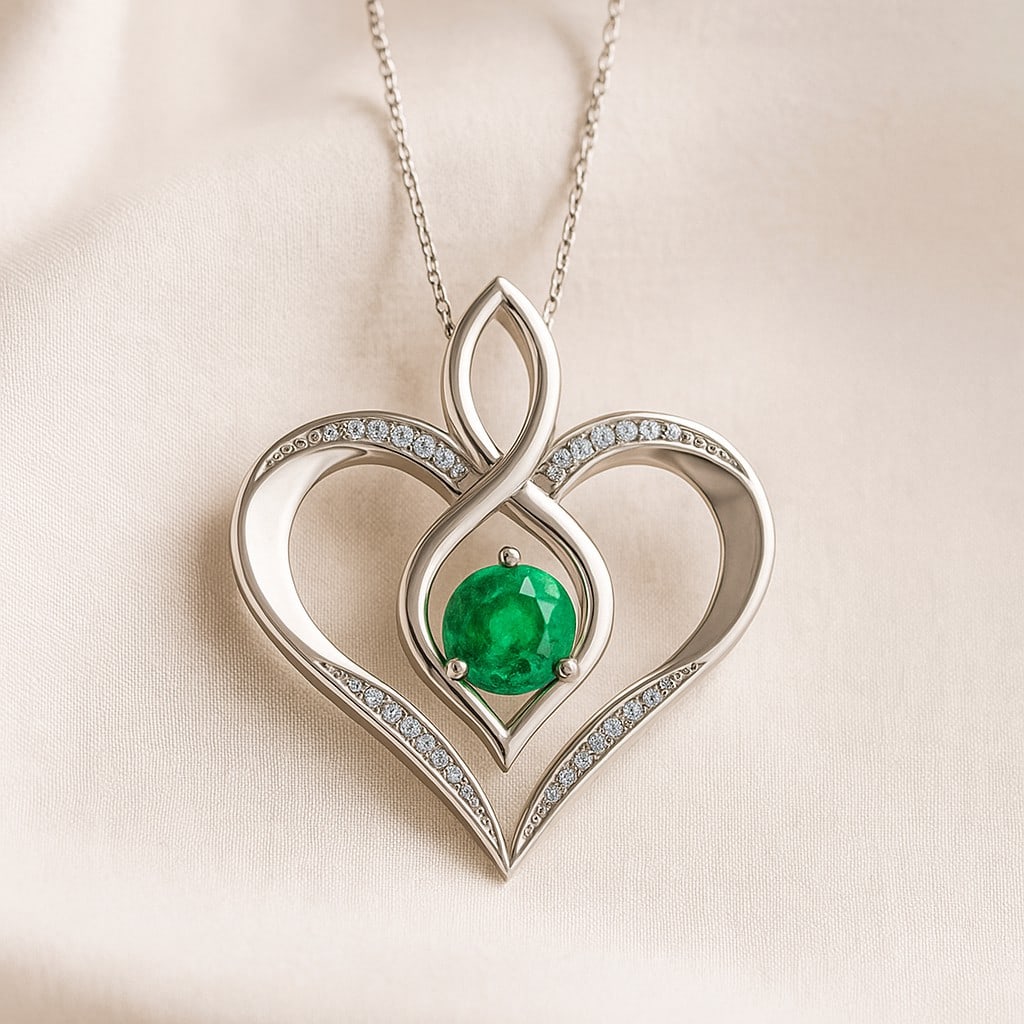 Lab Grown Emerald & Diamond 92.5 Sterling Silver Pendant with Chain: Lab Grown Emerald & Diamond 92.5 Sterling Silver Pendant with Chain Gemstone Shape : Round Gemstone Size : 5 MM Gemstone Quantity : 1 Piece Diamond Type : Lab Grown Diamond Shape : Round Diamon