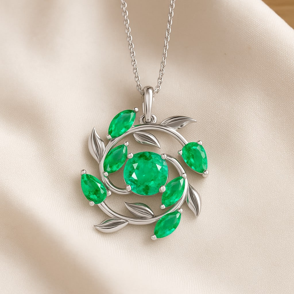 Lab Grown Emerald Gemstone 92.5 Sterling Silver Pendant with Chain: Lab Grown Emerald Gemstone 92.5 Sterling Silver Pendant with Chain Gemstone Shape : Marquise, Pear, Round Gemstone Size : 5x2.5 MM, 5x3 MM, 6 MM Gemstone Quantity : 7 Pieces Metal : Silver Metal Purit