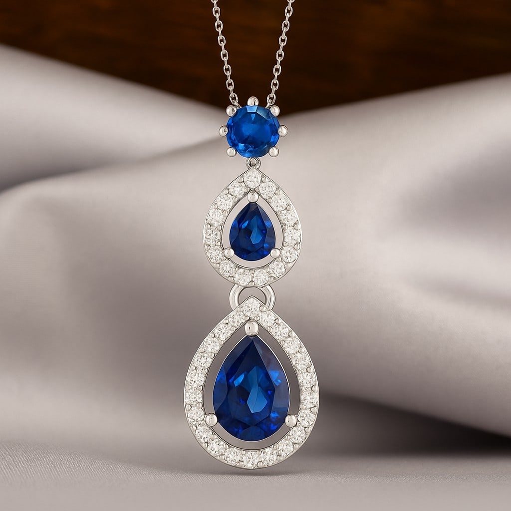 Natural Blue Sapphire & Diamond 92.5 Sterling Silver Pendant with Chain: Natural Blue Sapphire & Diamond 92.5 Sterling Silver Pendant with Chain Gemstone Shape : Pear, Round Gemstone Size : 7x5 MM, 4x3 MM, 3.5 MM Gemstone Quantity : 3 Pieces Diamond Type : Lab Grown Diamon