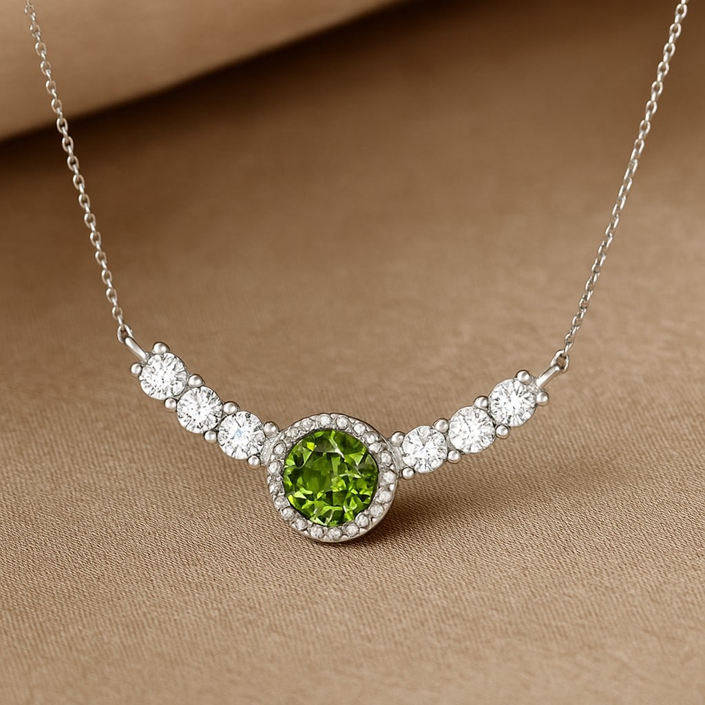 Natural Peridot & Diamond 92.5 Sterling Silver Necklace: Natural Peridot & Diamond 92.5 Sterling Silver Necklace Gemstone Shape : Round Gemstone Size : 3.5 MM Gemstone Quantity : 1 Piece Diamond Type : Lab Grown Diamond Shape : Round Diamond Color :