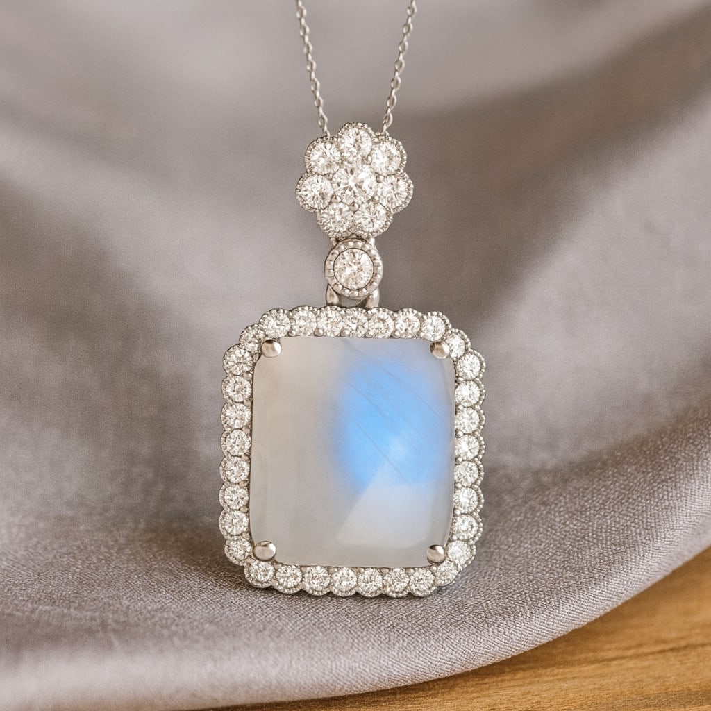 Natural Moonstone & Diamond 92.5 Sterling Silver Pendant with Chain: Natural Moonstone & Diamond 92.5 Sterling Silver Pendant with Chain Gemstone Shape : Emerald Gemstone Size : 12x10 MM Gemstone Quantity : 1 Piece Diamond Type : Lab Grown Diamond Shape : Round