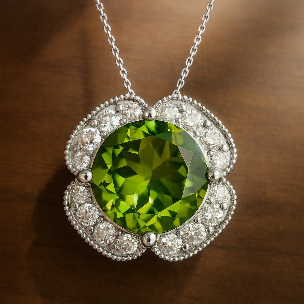 Natural Peridot & Diamond 92.5 Sterling Silver Necklace: Natural Peridot & Diamond 92.5 Sterling Silver Necklace Gemstone Shape : Round Gemstone Size : 8 MM Gemstone Quantity : 1 Piece Diamond Type : Lab Grown Diamond Shape : Round Diamond Color :