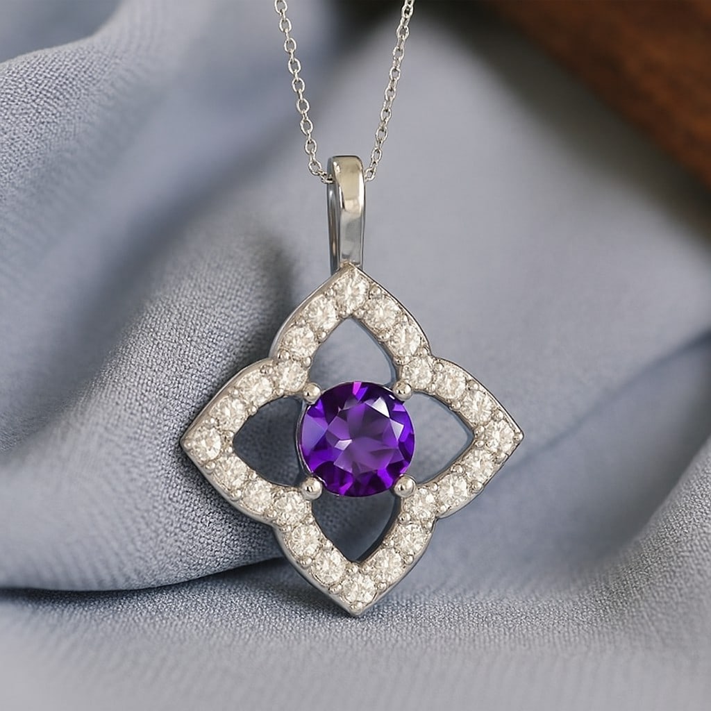 Natural Amethyst & Diamond 92.5 Sterling Silver Pendant with Chain: Natural Amethyst & Diamond 92.5 Sterling Silver Pendant with Chain Gemstone Shape : Round Gemstone Size : 3.3 MM Gemstone Quantity : 1 Piece Diamond Type : Lab Grown Diamond Shape : Round Diamo