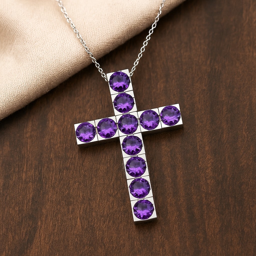 Natural Amethyst Gemstone 92.5 Sterling Silver Pendant with Chain: Natural Amethyst Gemstone 92.5 Sterling Silver Pendant with Chain Gemstone Shape : Round Gemstone Size : 3 MM Gemstone Quantity : 11 Pieces Metal : Silver Metal Purity : 92.5 Sterling Silver Pe