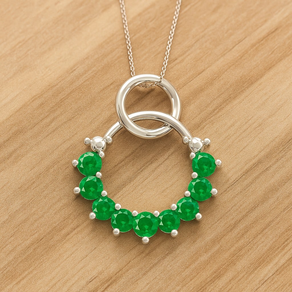 Lab Grown Emerald Gemstone 92.5 Sterling Silver Pendant with Chain: Lab Grown Emerald Gemstone 92.5 Sterling Silver Pendant with Chain Gemstone Shape : Round Gemstone Size : 3 MM, 2.5 MM Gemstone Quantity : 9 Pieces Metal : Silver Metal Purity : 92.5 Sterling Silver</