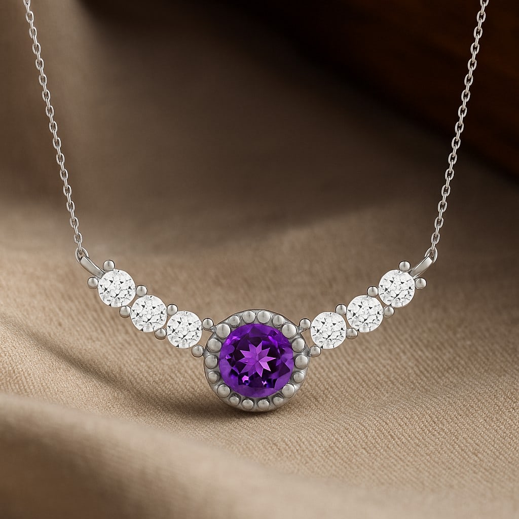 Natural Amethyst & Diamond 92.5 Sterling Silver Necklace: Natural Amethyst & Diamond 92.5 Sterling Silver Necklace Gemstone Shape : Round Gemstone Size : 3.5 MM Gemstone Quantity : 1 Piece Diamond Type : Lab Grown Diamond Shape : Round Diamond Color :