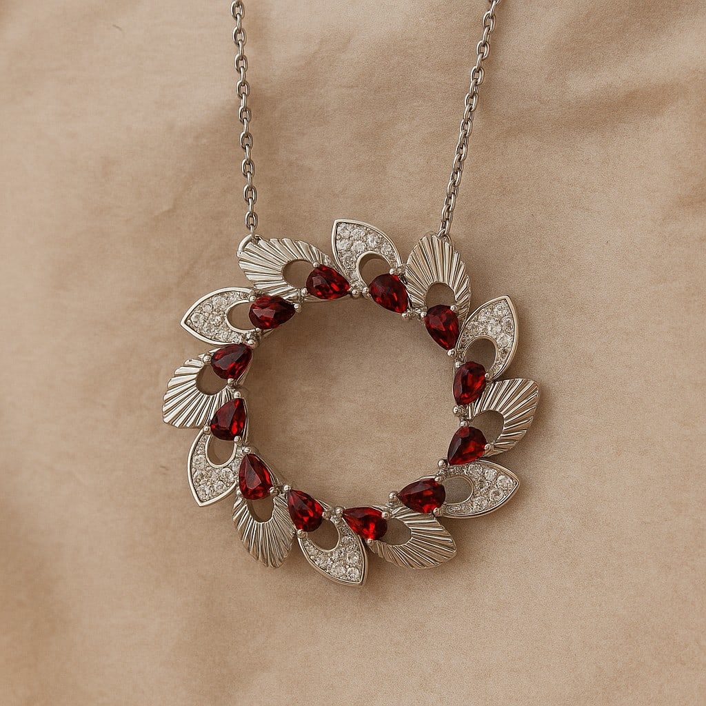 Natural Garnet & Diamond 92.5 Sterling Silver Pendant with Chain: Natural Garnet & Diamond 92.5 Sterling Silver Pendant with Chain Gemstone Shape : Pear Gemstone Size : 3x2 MM Gemstone Quantity : 12 Pieces Diamond Type : Lab Grown Diamond Shape : Round Diamon