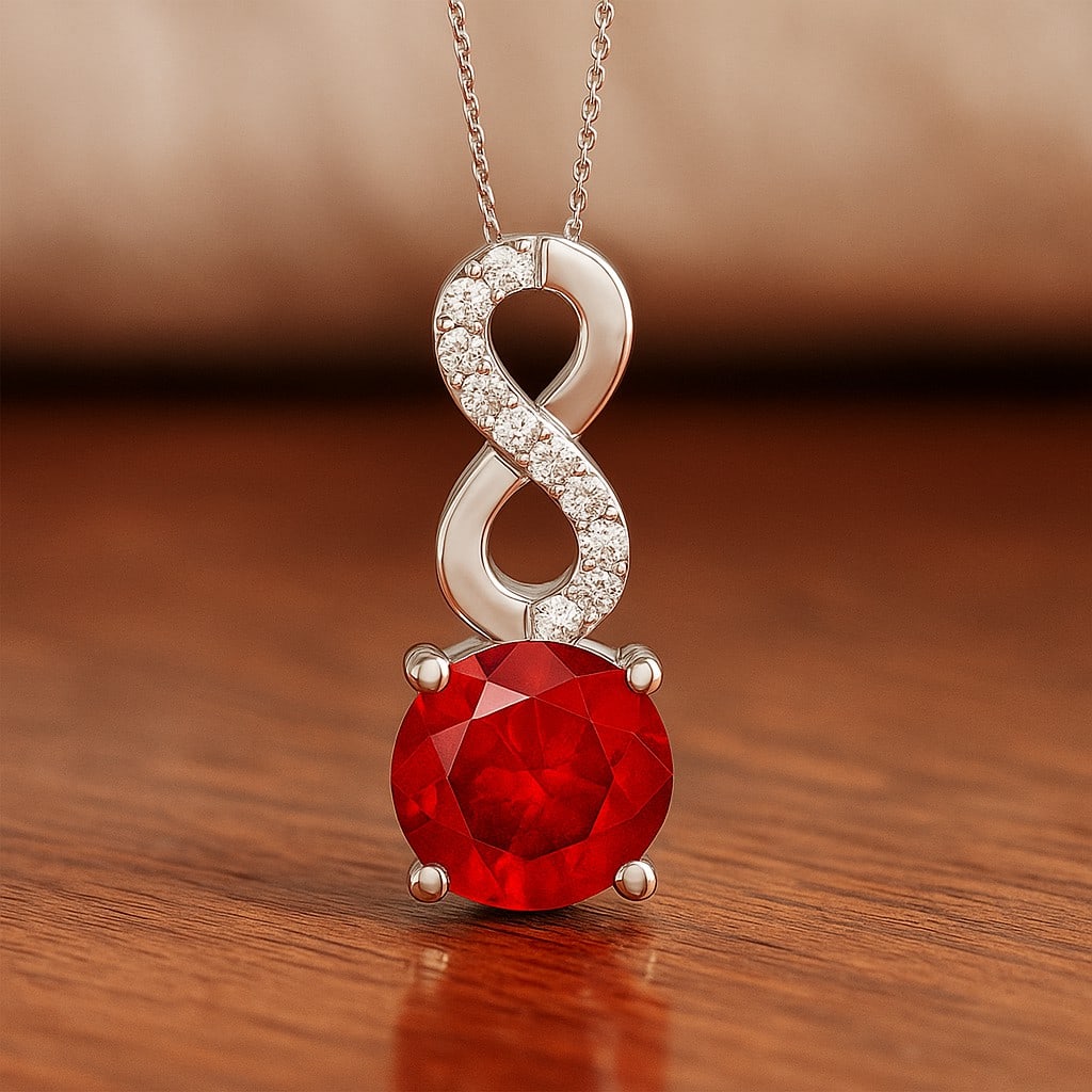 Natural Ruby & Diamond 92.5 Sterling Silver Pendant with Chain: Natural Ruby & Diamond 92.5 Sterling Silver Pendant with Chain Gemstone Shape : Round Gemstone Size : 7 MM Gemstone Quantity : 1 Piece Diamond Type : Lab Grown Diamond Shape : Round Diamond Col