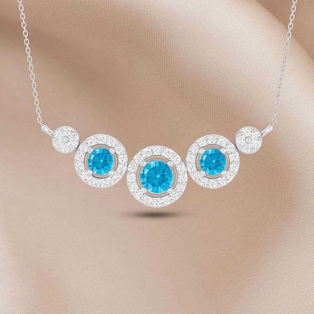 Natural Swiss Blue Topaz & Diamond 92.5 Sterling Silver Necklace: Natural Swiss Blue Topaz & Diamond 92.5 Sterling Silver Necklace Gemstone Shape : Round Gemstone Size : 3.5 MM, 2.8 MM Gemstone Quantity : 3 Pieces Diamond Type : Lab Grown Diamond Shape : Round