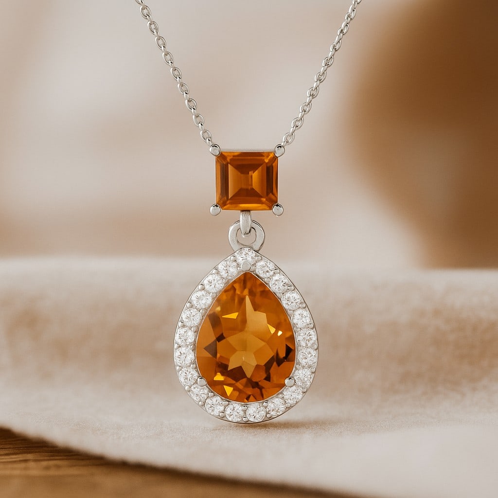 Natural Citrine & Diamond 92.5 Sterling Silver Pendant with Chain: Natural Citrine & Diamond 92.5 Sterling Silver Pendant with Chain Gemstone Shape : Pear, Princess Gemstone Size : 9x7MM, 1 MM Gemstone Quantity : 2 Pieces Diamond Type : Lab Grown Diamond Shape : Roun