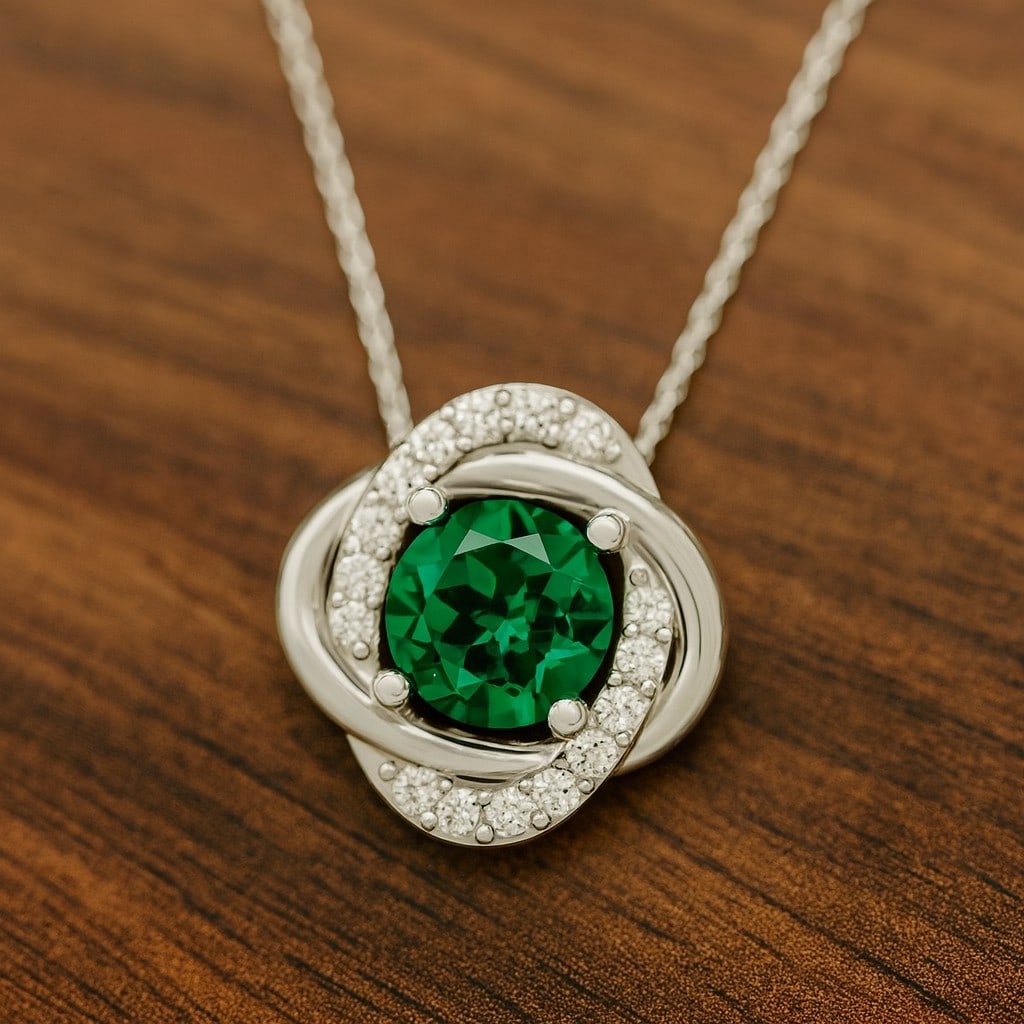 Lab Grown Emerald & Diamond 92.5 Sterling Silver Necklace: Lab Grown Emerald & Diamond 92.5 Sterling Silver Necklace Gemstone Shape : Round Gemstone Size : 6 MM Gemstone Quantity : 1 Piece Diamond Type : Lab Grown Diamond Shape : Round Diamond Color :