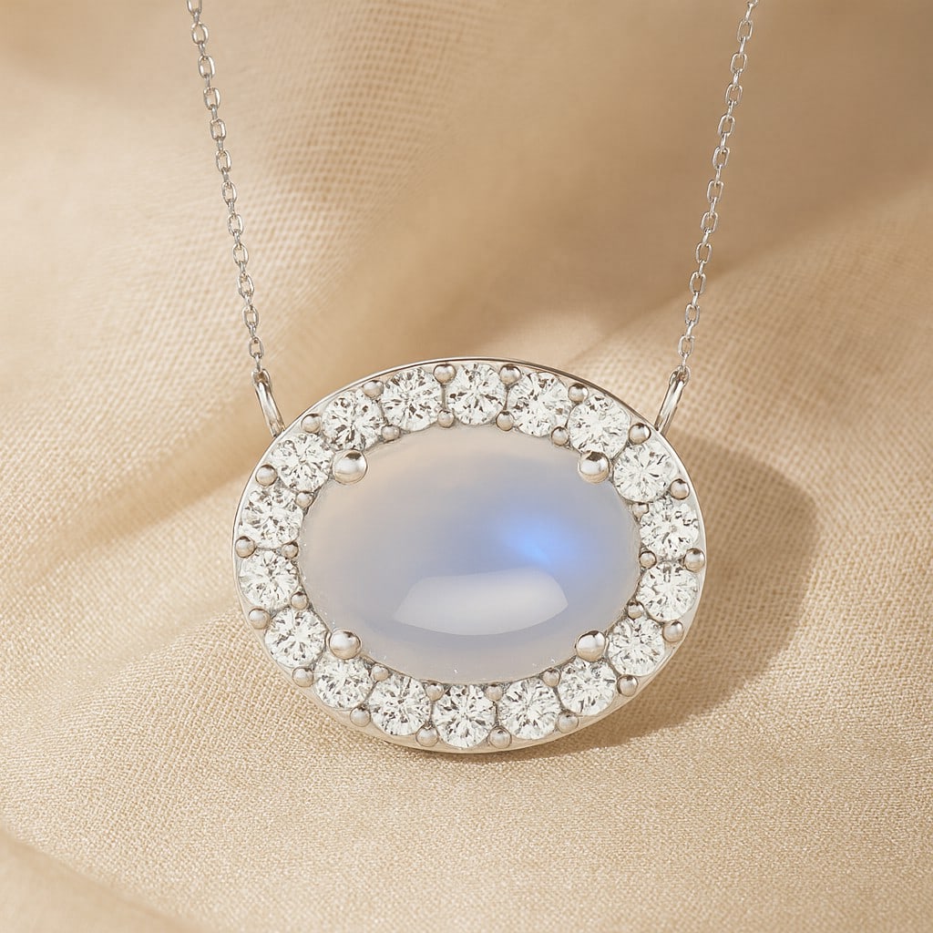 Natural Moonstone & Diamond 92.5 Sterling Silver Pendant with Chain: Natural Moonstone & Diamond 92.5 Sterling Silver Pendant with Chain Gemstone Shape : Oval Gemstone Size : 7x5 MM Gemstone Quantity : 1 Piece Diamond Type : Lab Grown Diamond Shape : Round Diamo