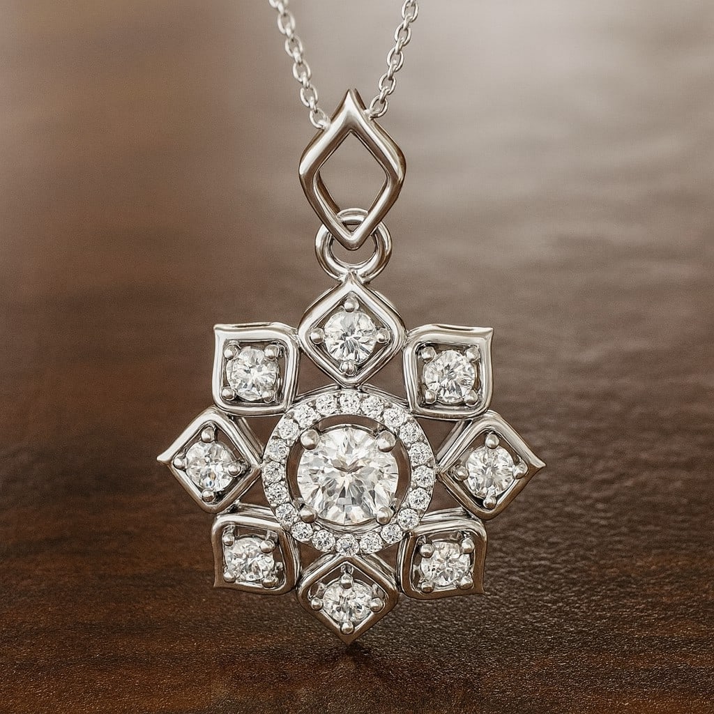 Lab Grown Diamond 92.5 Sterling Silver Pendant with Chain: Lab Grown Diamond 92.5 Sterling Silver Pendant with Chain Gemstone Shape : Round Gemstone Size : 4 MM, 2 MM Gemstone Quantity : 9 Pieces Diamond Type : Lab Grown Diamond Shape : Round Diamond C