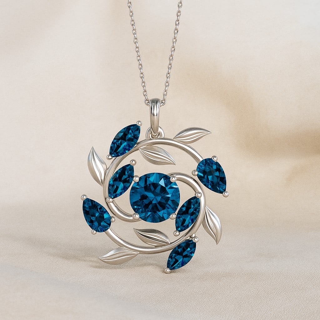 Natural London Blue Topaz Gemstone 92.5 Sterling Silver Pendant with Chain: Natural London Blue Topaz Gemstone 92.5 Sterling Silver Pendant with Chain Gemstone Shape : Marquise, Pear, Round Gemstone Size : 5x2.5 MM, 5x3 MM, 6 MM Gemstone Quantity : 7 Pieces Metal : Silver Met