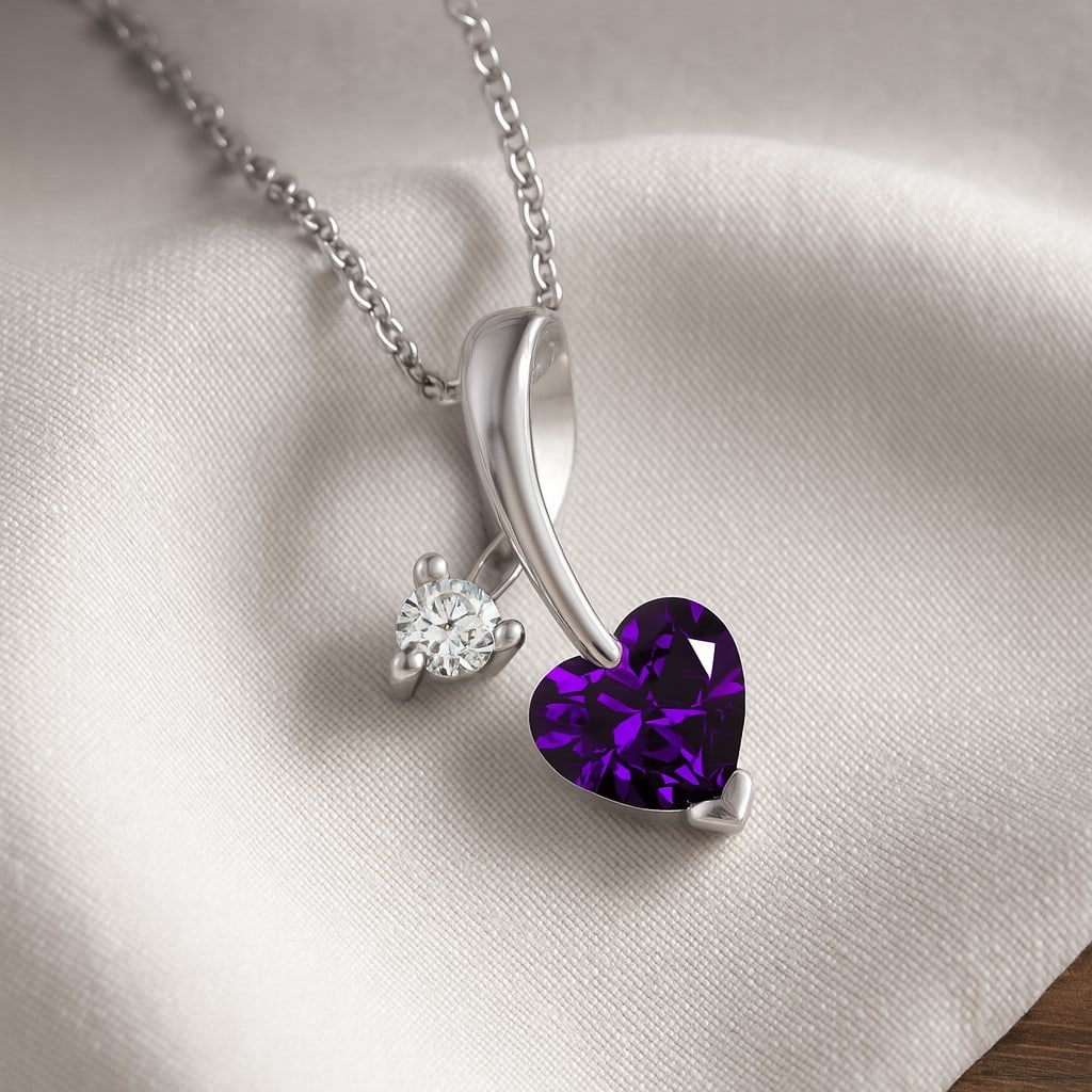 Natural Amethyst & Diamond 92.5 Sterling Silver Pendant with Chain: Natural Amethyst & Diamond 92.5 Sterling Silver Pendant with Chain Gemstone Shape : Heart Gemstone Size : 4 MM Gemstone Quantity : 1 Piece Diamond Type : Lab Grown Diamond Shape : Round Diamond